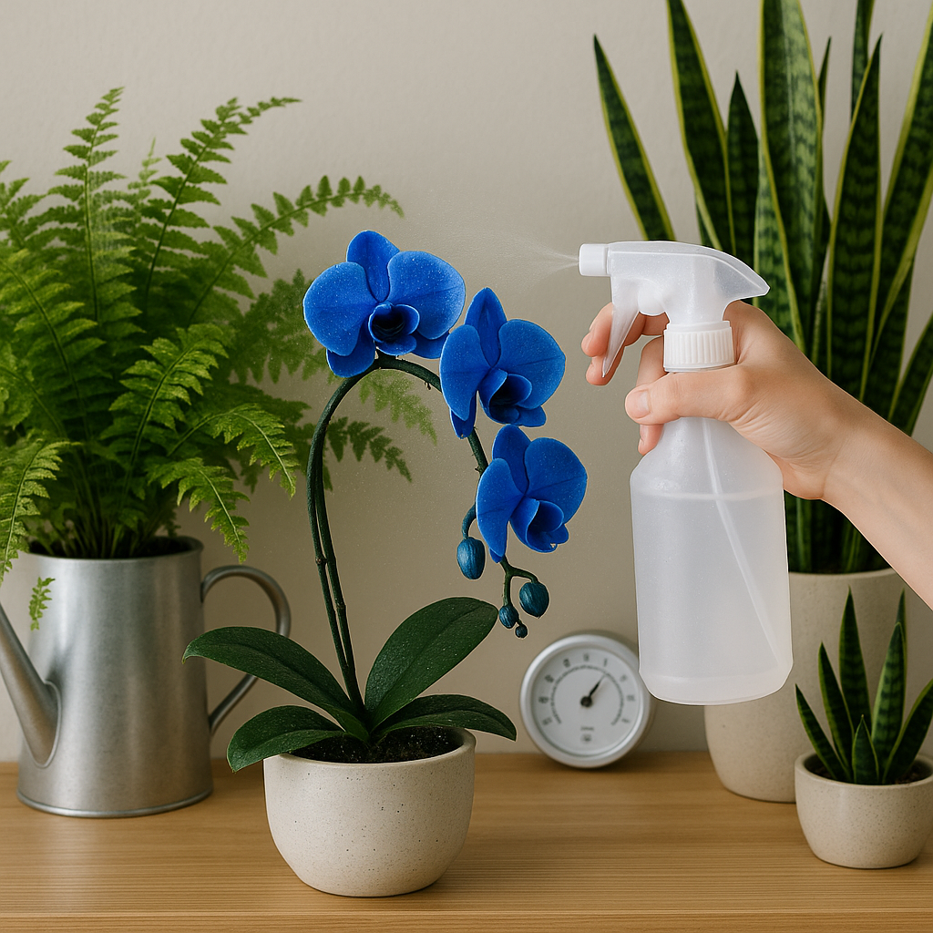 A hand misting a blue orchid on a wooden shelf surrounded by ferns and snake plants, with a watering can and a humidity gauge in the background.